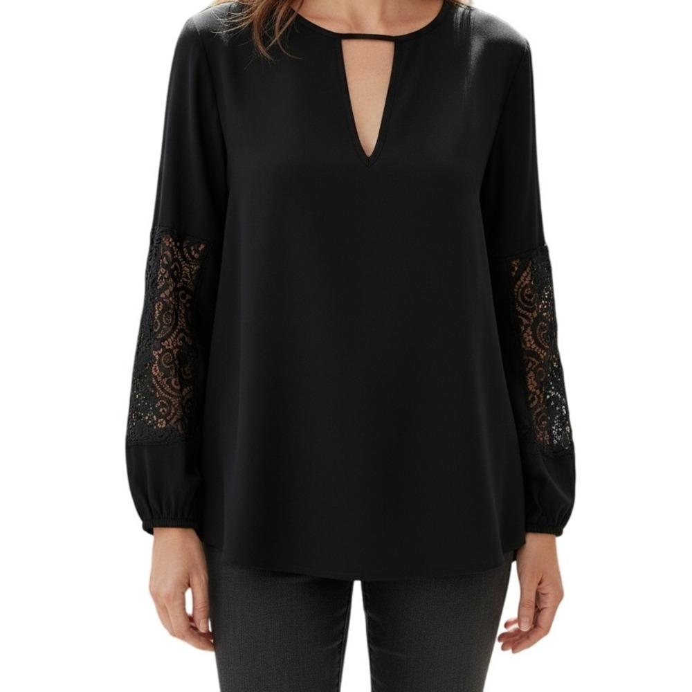 EXPRESS Black V-Neck‎ L/S Top Lace Sleeve Insets NWOT Size Small